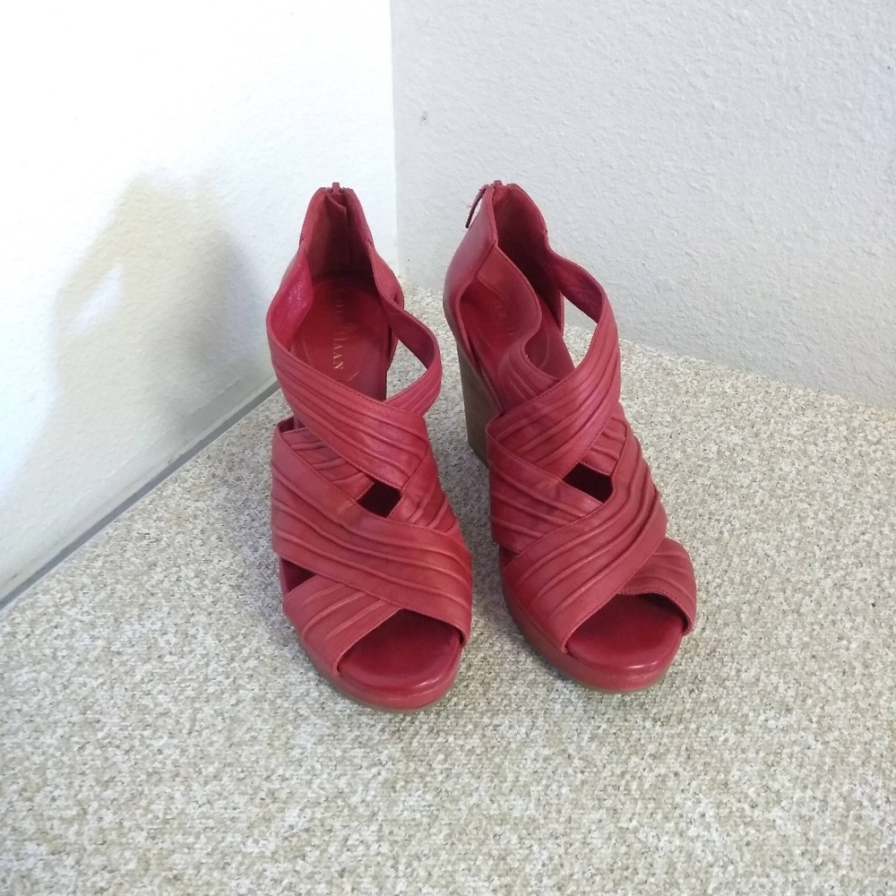 Cole Haan Red Leather Wedge Sandals - Picture 2 of 5